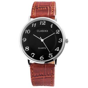 Clasixx Herrklocka med armband i konstläder, svart urtavla och brunt armband